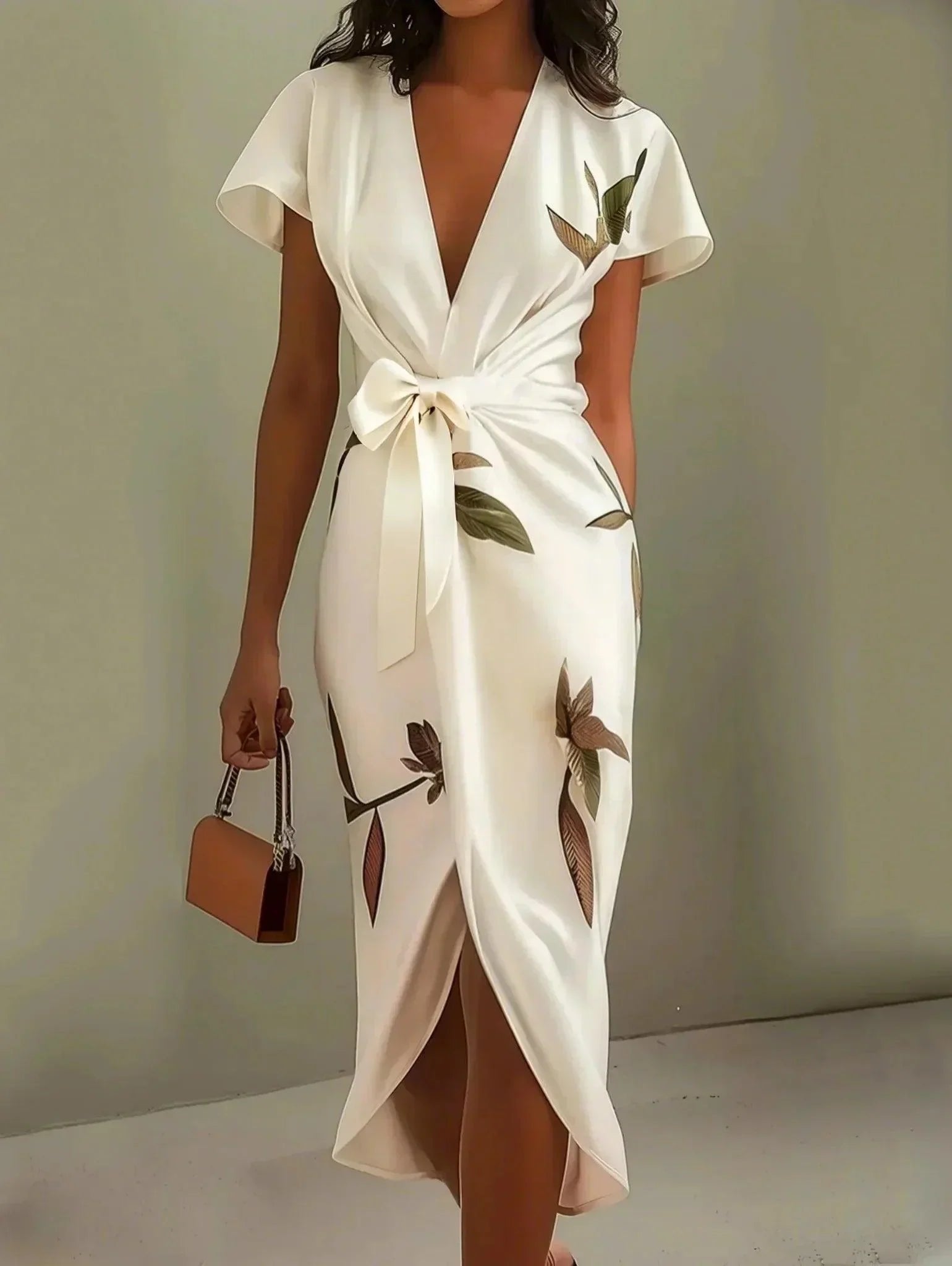 Sophie | Vestito midi incrociato a V con stampa foglie da donna