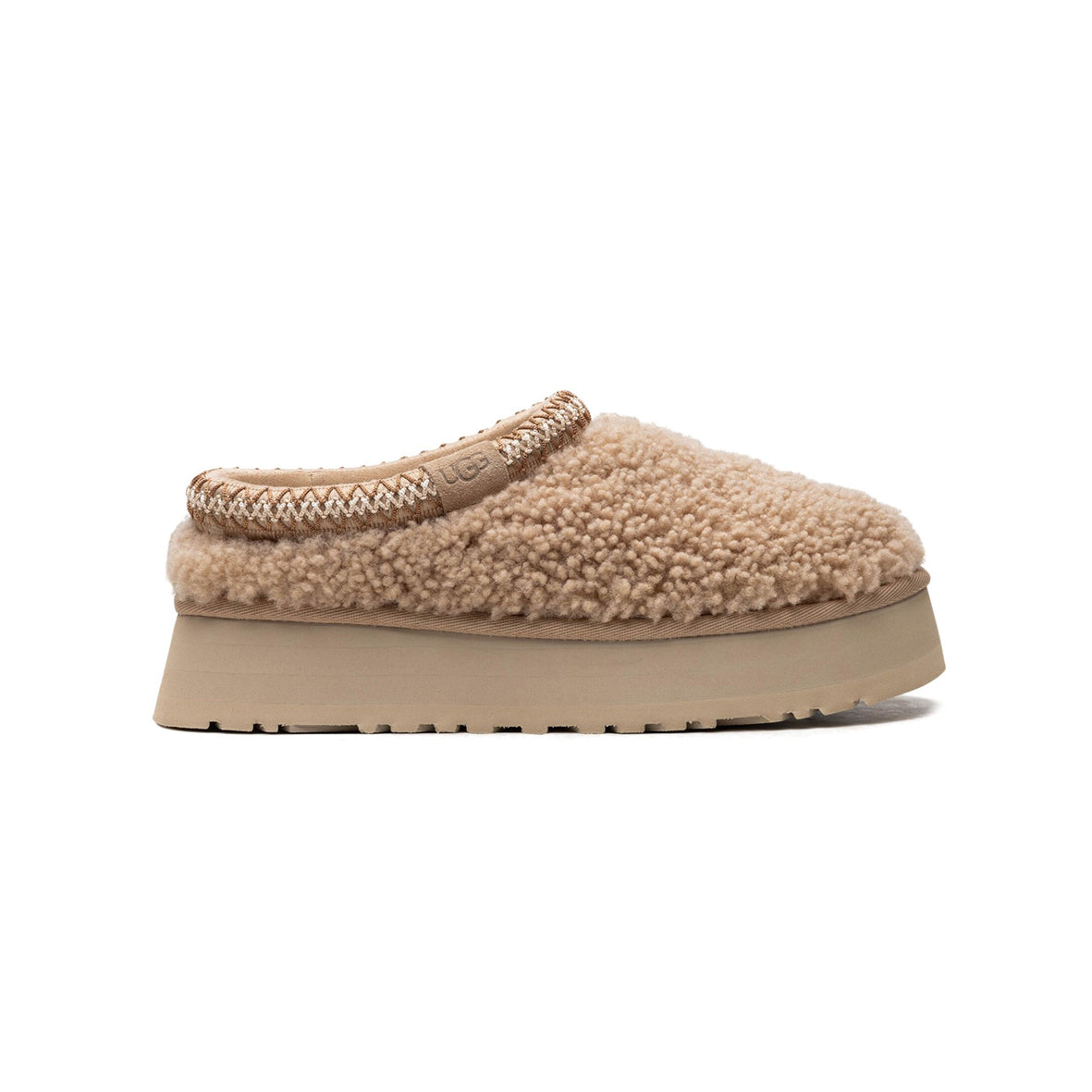 UGG Tazz Maxicurly Sand ciabatte platform uomo e donna in pelle scamosciata e montone beige sand, vista laterale