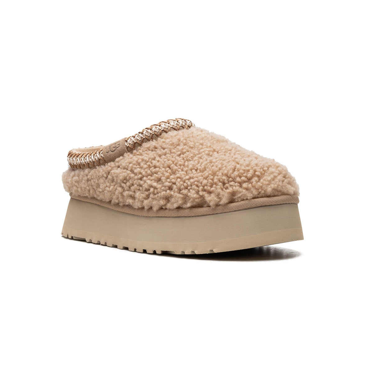 UGG Tazz Maxicurly Sand ciabatte platform uomo e donna in pelle scamosciata e montone beige sand, vista frontale