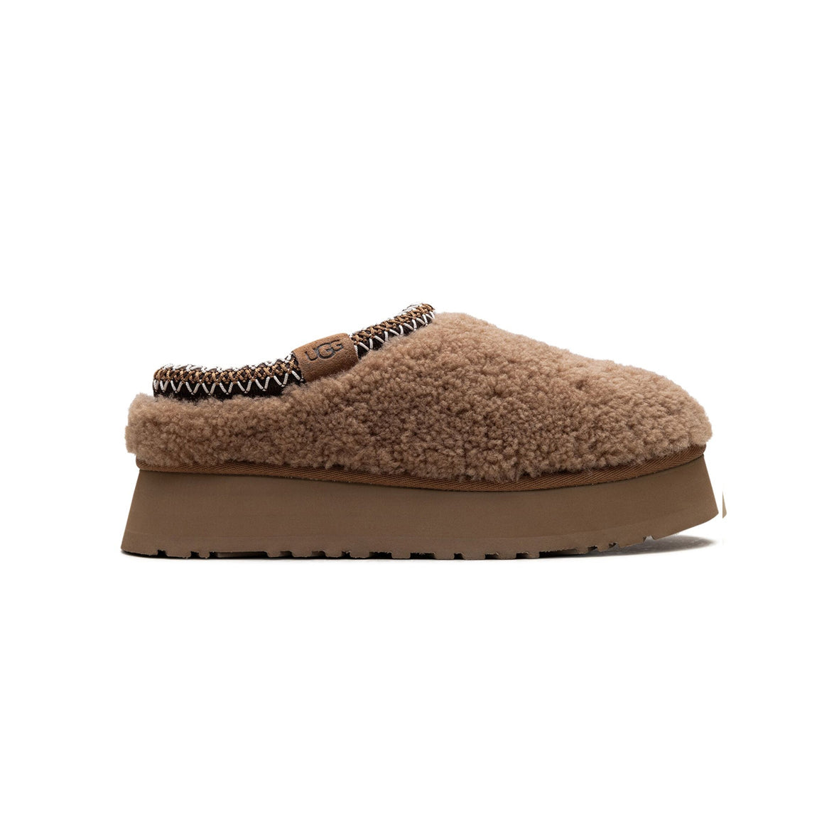 UGG Tazz Maxicurly Chestnut ciabatte platform uomo e donna in pelle scamosciata e montone marrone chestnut, vista laterale