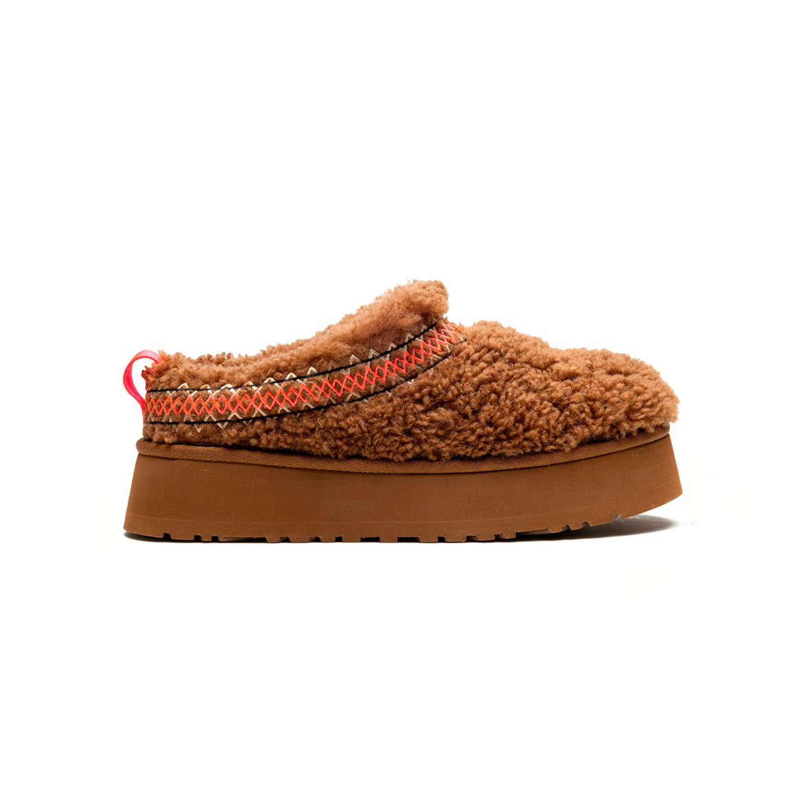 UGG Tazz Heritage Braid Brown ciabatte platform uomo e donna in pelle scamosciata e montone marrone, vista laterale