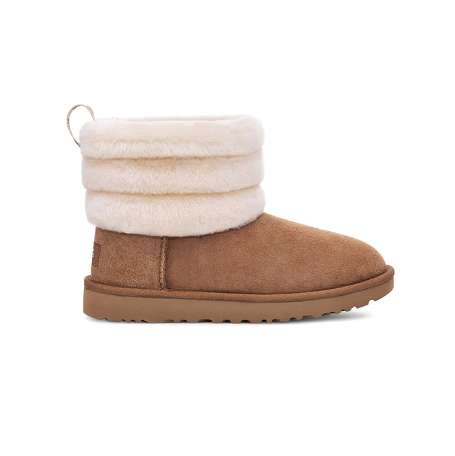 UGG Classic Mini Fluff Quilted Chestnut Brown stivaletti donna in pelle scamosciata e montone marrone, vista laterale