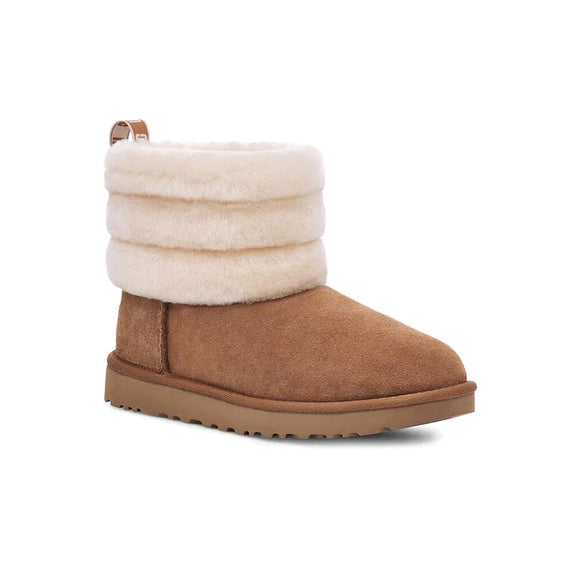 UGG Classic Mini Fluff Quilted Chestnut Brown stivaletti donna in pelle scamosciata e montone marrone, vista frontale