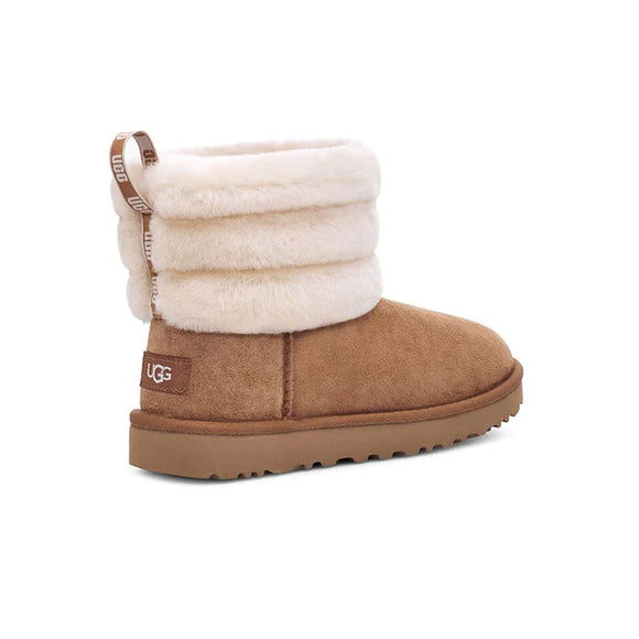 UGG Classic Mini Fluff Quilted Chestnut Brown stivaletti donna in pelle scamosciata e montone marrone, dettaglio suola