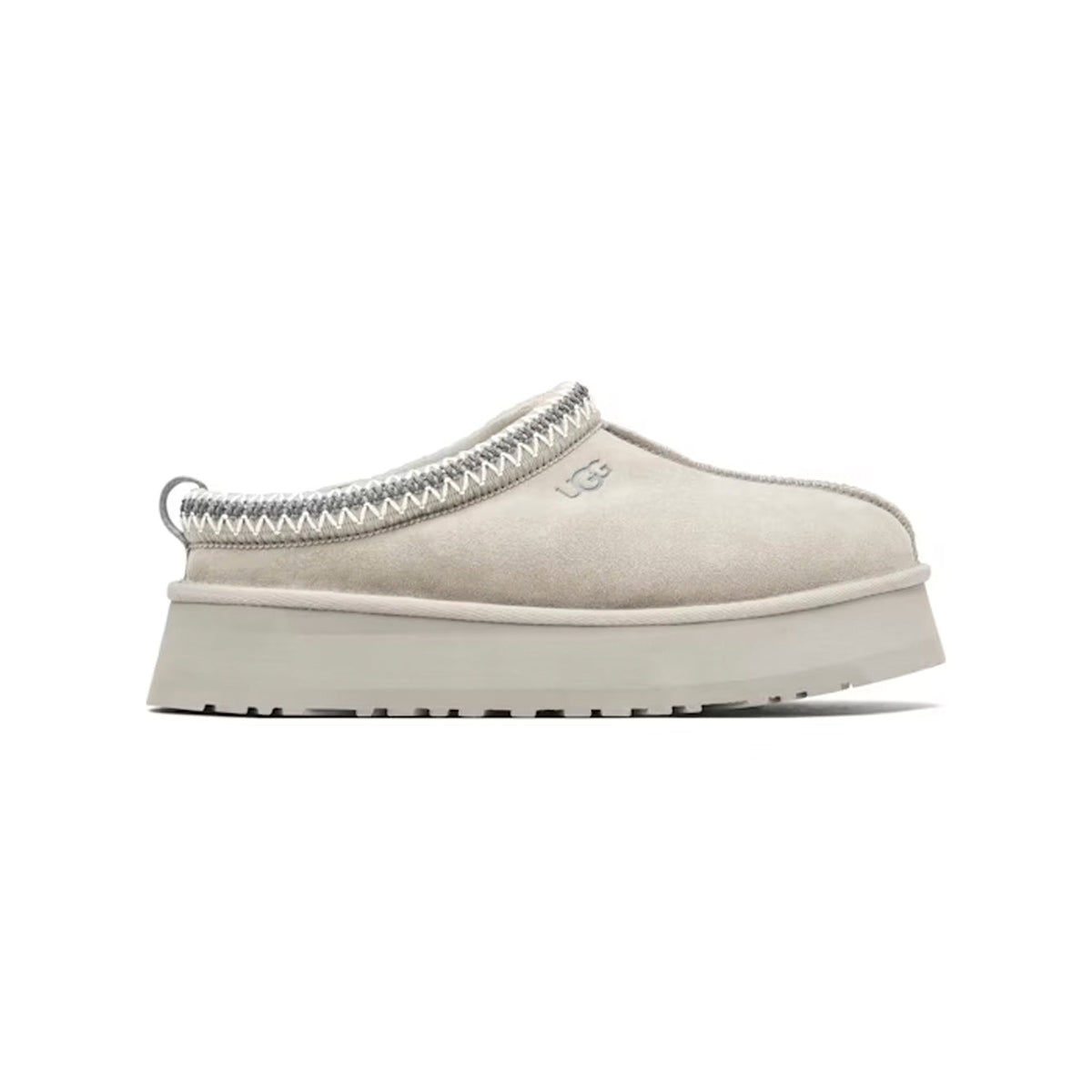 UGG Tazz Seal ciabatte platform uomo e donna in pelle scamosciata e montone grigio, vista laterale