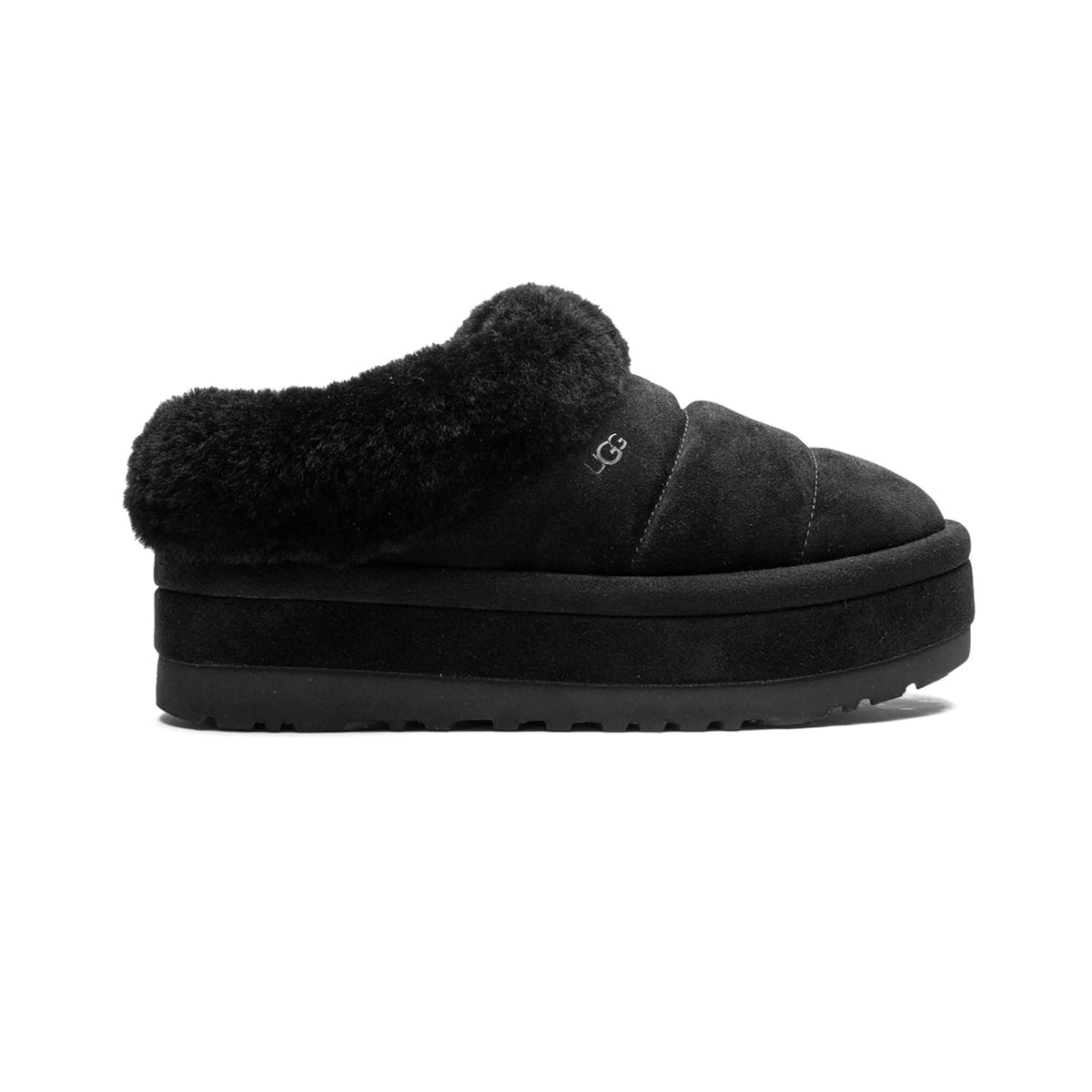 UGG Tazzlita Black ciabatte uomo e donna in pelle scamosciata e montone nero, vista laterale
