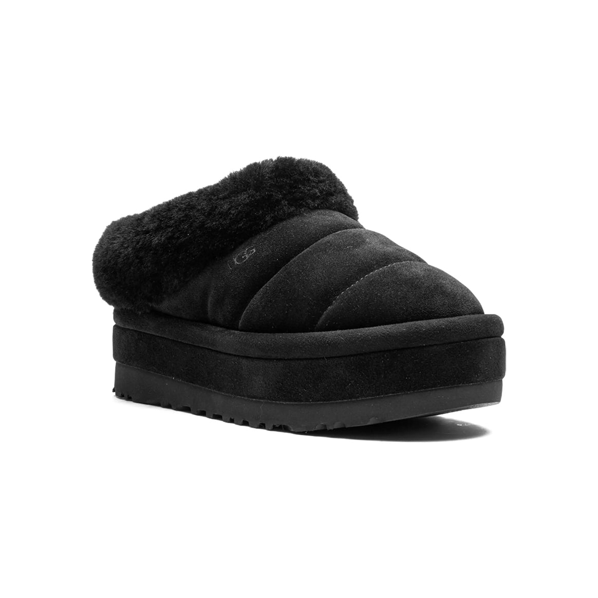 UGG Tazzlita Black ciabatte uomo e donna in pelle scamosciata e montone nero, dettaglio suola
