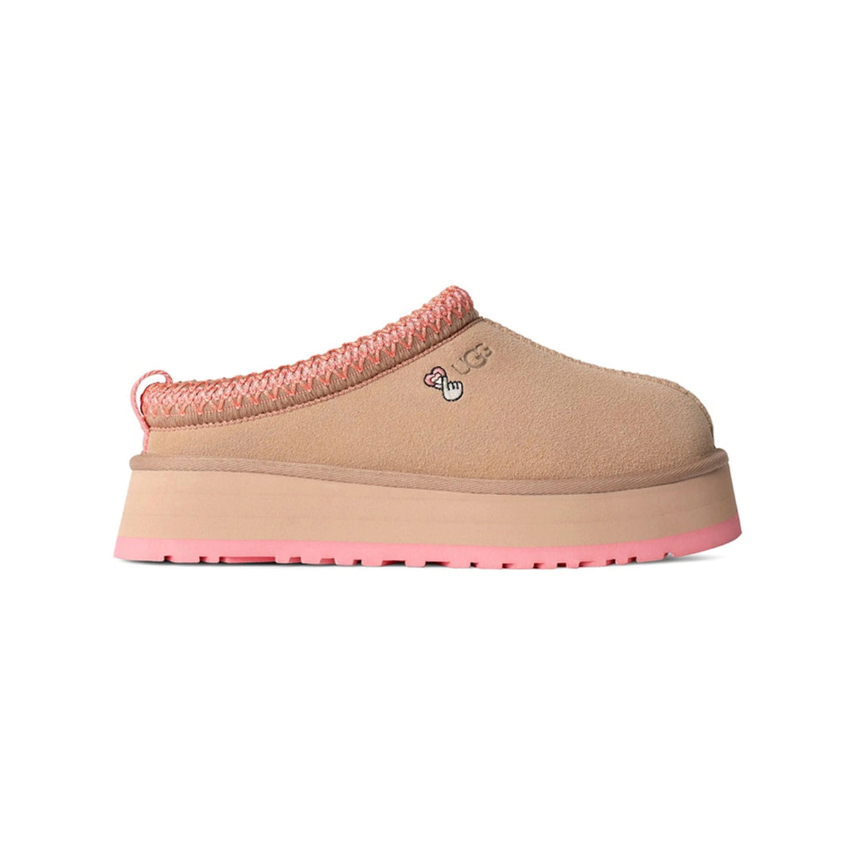 UGG Tazz Love '25 Arroyo Tropical Pink ciabatte platform uomo e donna in pelle scamosciata e montone rosa, vista laterale