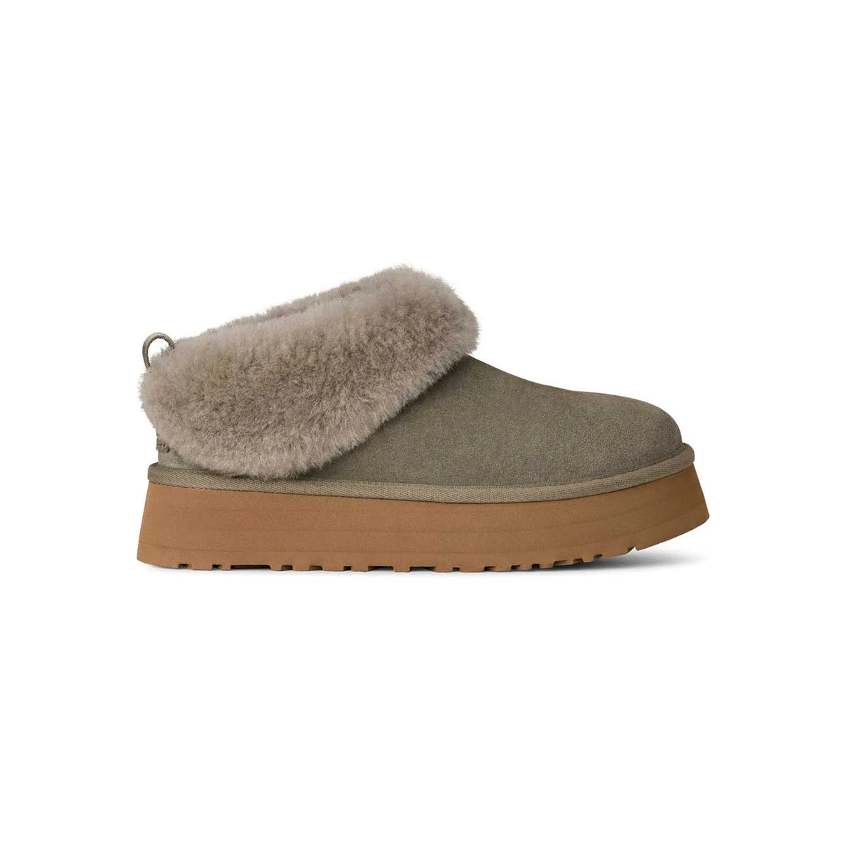 UGG Tazzelle Moss Green ciabatte platform uomo e donna in pelle scamosciata e montone verde muschio, vista laterale