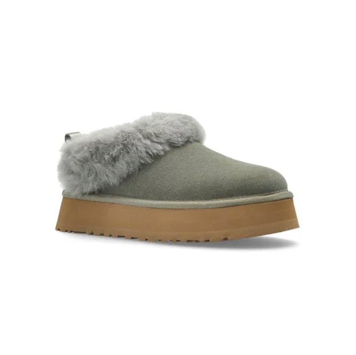UGG Tazzelle Moss Green ciabatte platform uomo e donna in pelle scamosciata e montone verde muschio, vista frontale