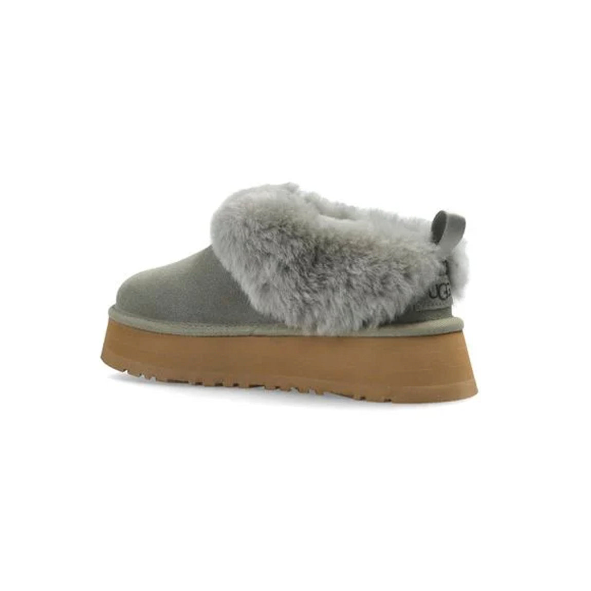 UGG Tazzelle Moss Green ciabatte platform uomo e donna in pelle scamosciata e montone verde muschio, dettaglio suola
