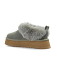 UGG Tazzelle Moss Green ciabatte platform uomo e donna in pelle scamosciata e montone verde muschio, dettaglio suola