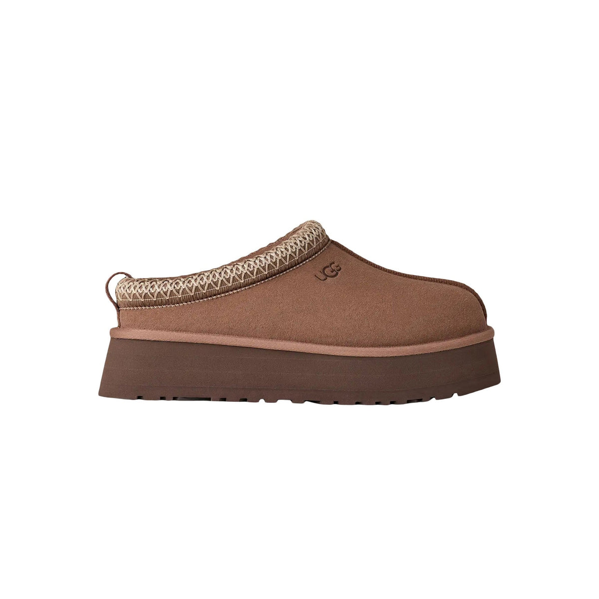UGG Tazz Rocky Oak ciabatte platform donna in pelle scamosciata e montone marrone quercia, vista laterale