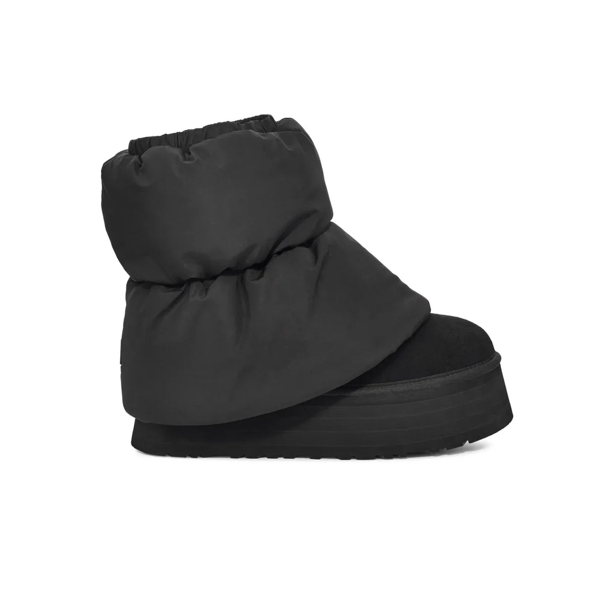 UGG Mini Dipper Puffer Black stivaletti uomo e donna in pelle scamosciata e montone nero, vista laterale
