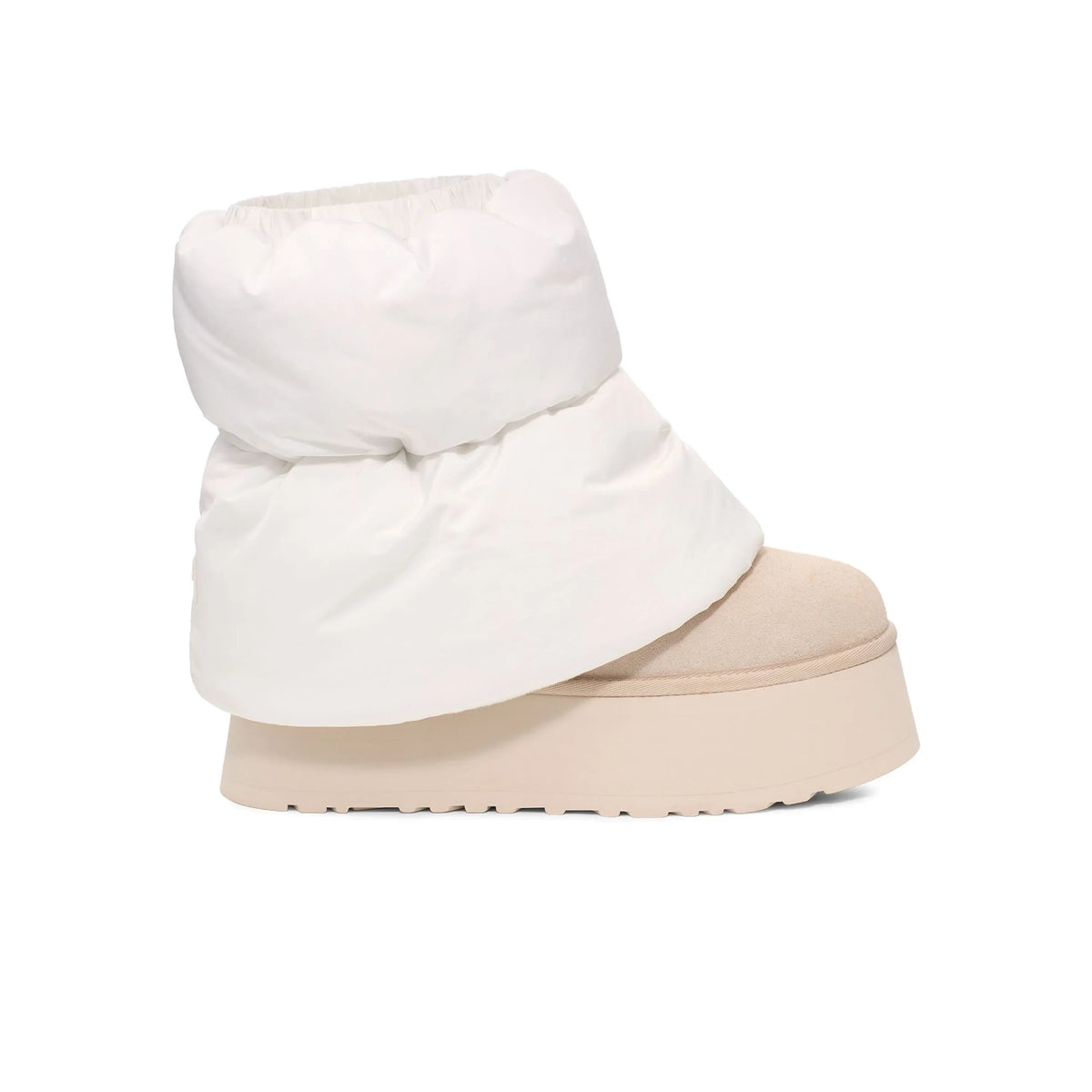 UGG Mini Dipper Puffer Neutral stivaletti uomo e donna in pelle scamosciata e montone beige, vista laterale