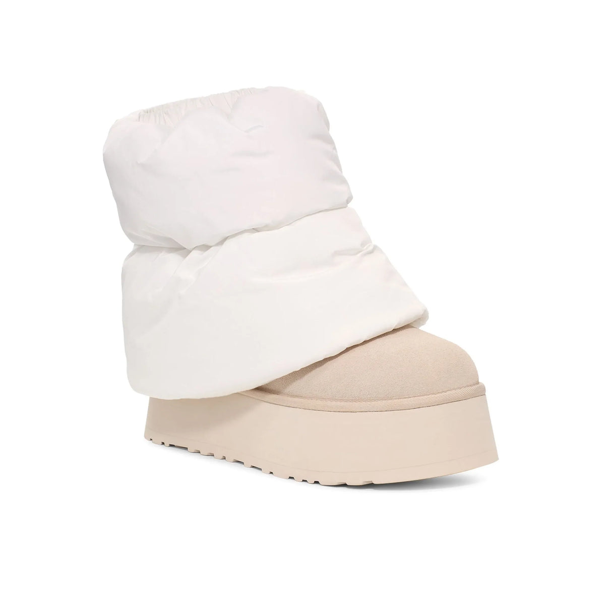 UGG Mini Dipper Puffer Neutral stivaletti uomo e donna in pelle scamosciata e montone beige, vista frontale