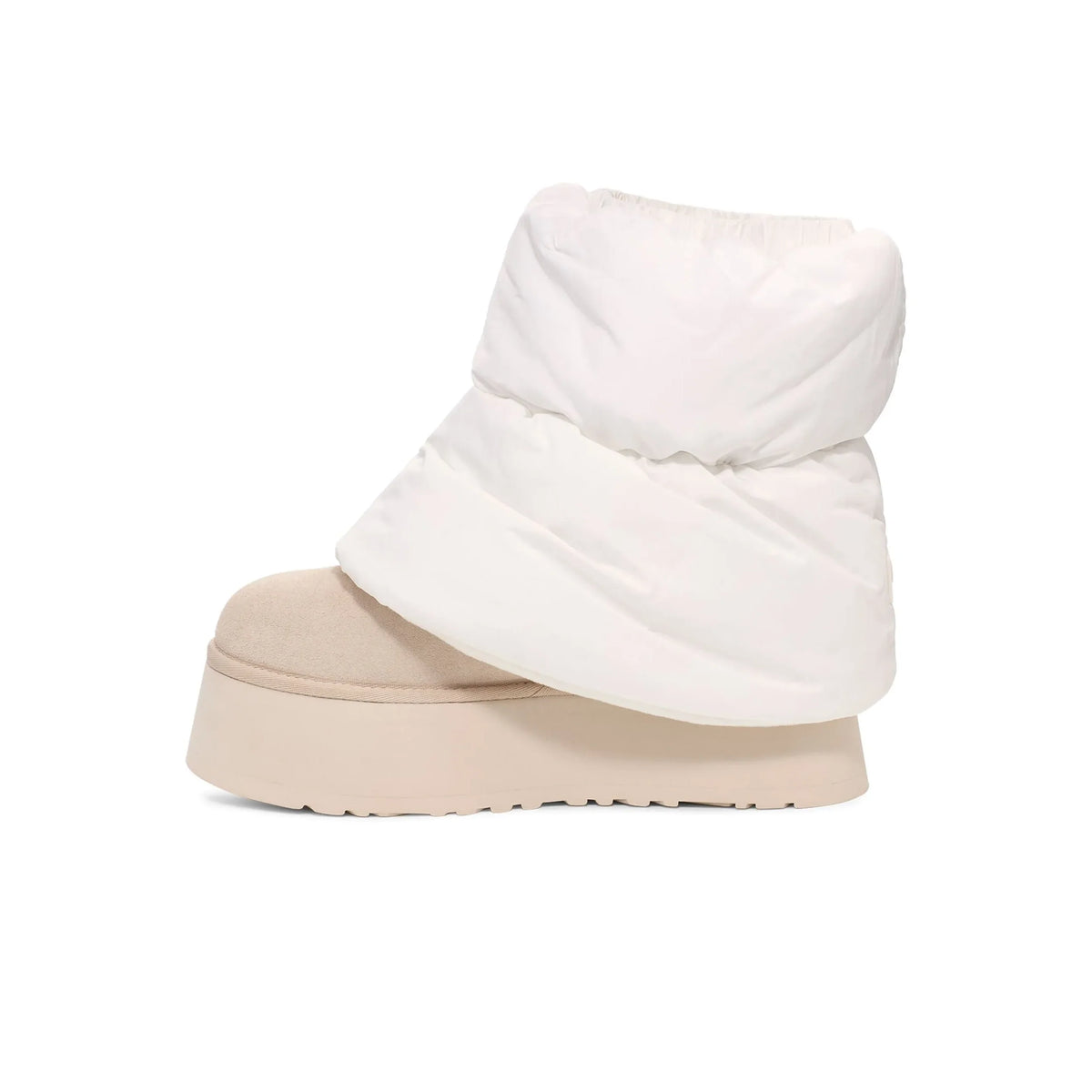 UGG Mini Dipper Puffer Neutral stivaletti uomo e donna in pelle scamosciata e montone beige, vista posteriore