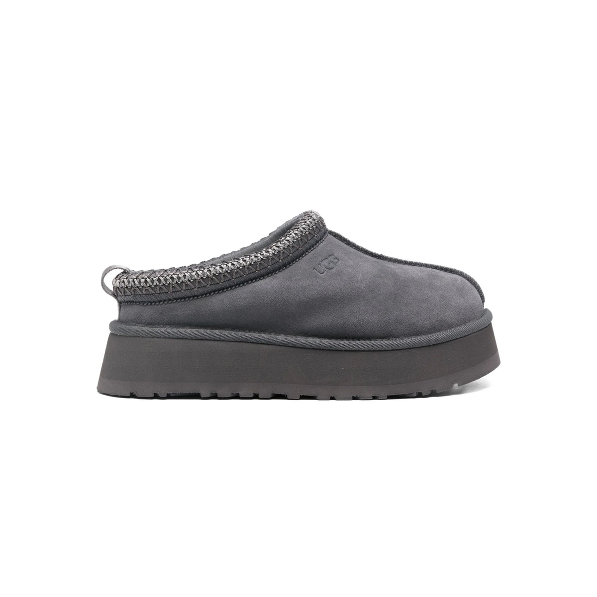 UGG Tazz Obsidian ciabatte platform uomo e donna in pelle scamosciata e montone blu, vista laterale