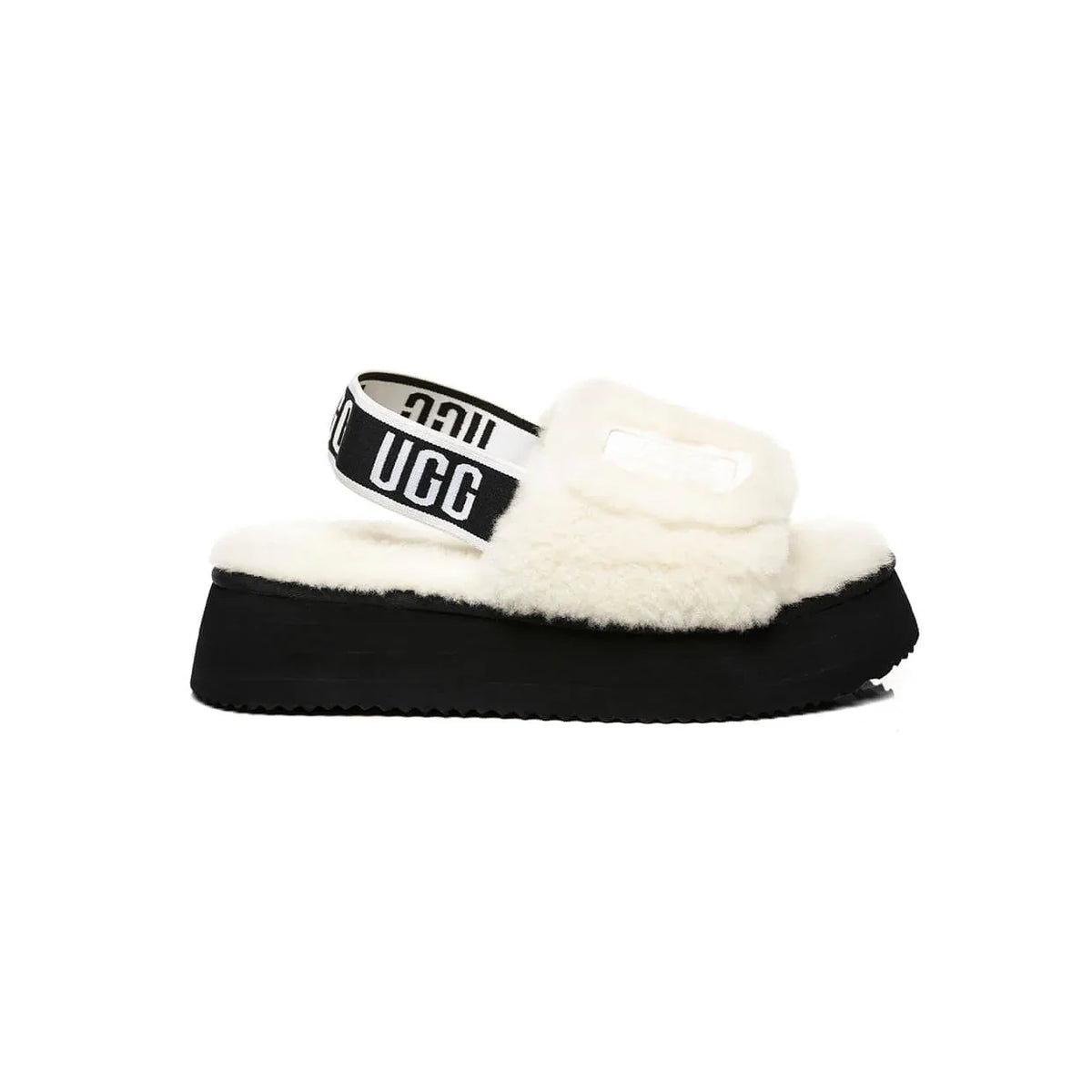 UGG Disco Slide White Black ciabatte uomo e donna in montone bianco e nero, vista laterale