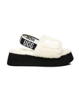 UGG Disco Slide White Black ciabatte uomo e donna in montone bianco e nero, vista laterale