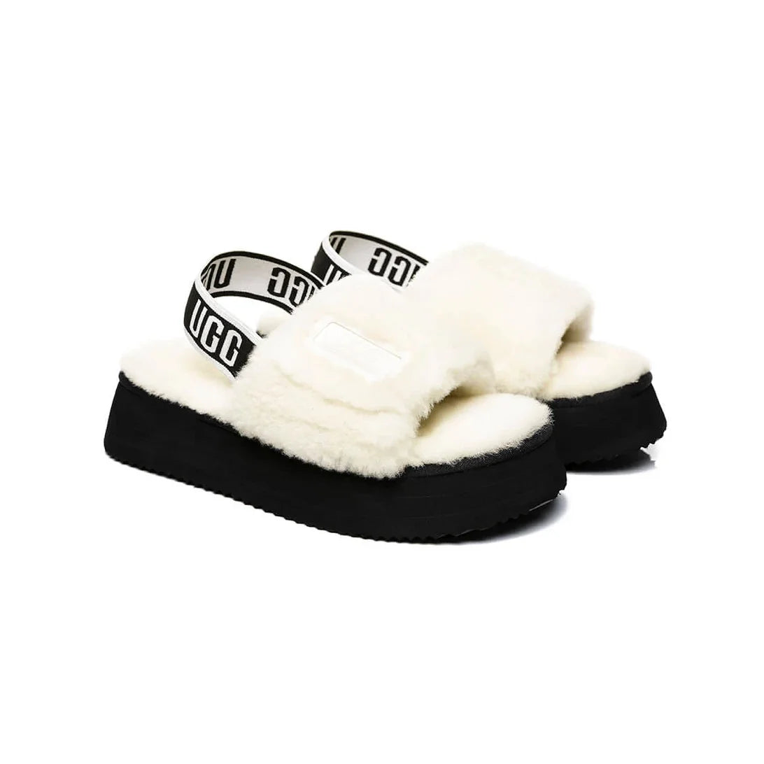 UGG Disco Slide White Black ciabatte uomo e donna in montone bianco e nero, vista frontale