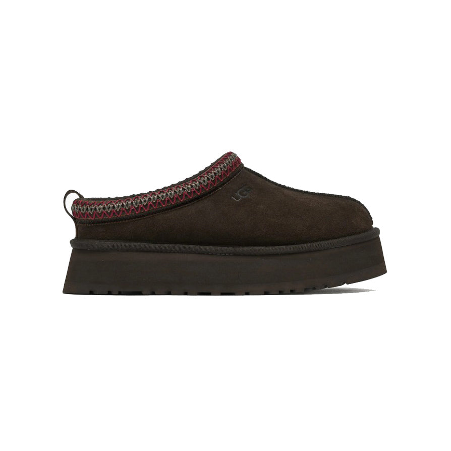 UGG Tazz Dusted Cocoa ciabatte platform uomo e donna in pelle scamosciata e montone marrone cacao, vista laterale