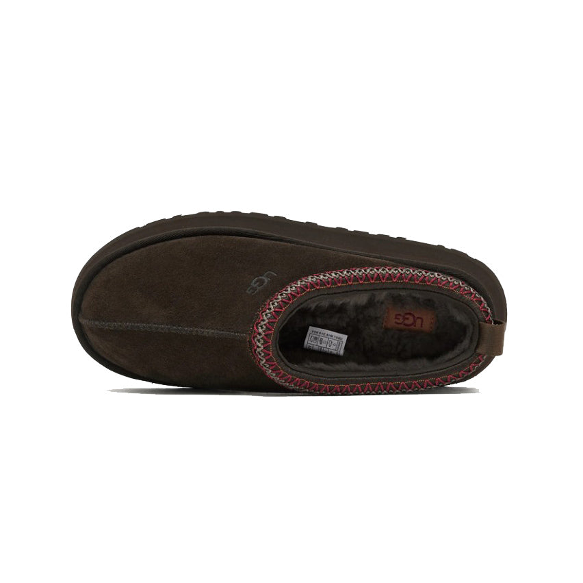 UGG Tazz Dusted Cocoa ciabatte platform uomo e donna in pelle scamosciata e montone marrone cacao, vista posteriore
