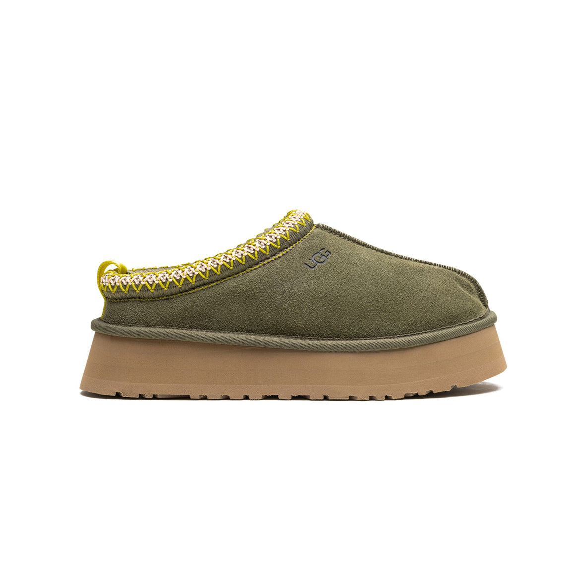 UGG Tazz Olive Green ciabatte platform uomo e donna in pelle scamosciata e montone verde oliva, vista laterale