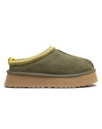 UGG Tazz Olive Green ciabatte platform uomo e donna in pelle scamosciata e montone verde oliva, vista laterale