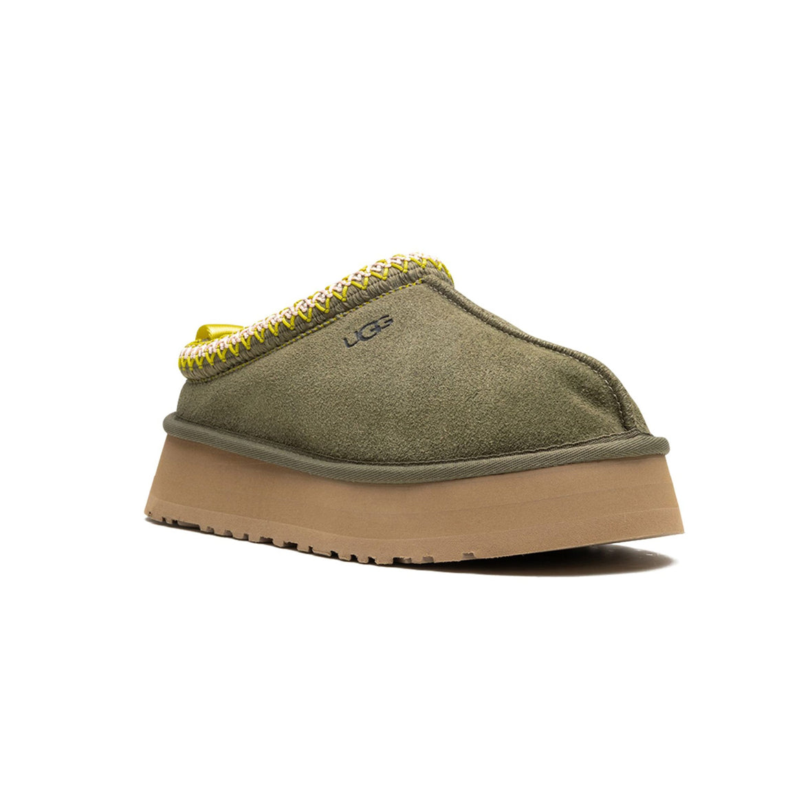 UGG Tazz Olive Green ciabatte platform uomo e donna in pelle scamosciata e montone verde oliva, vista frontale