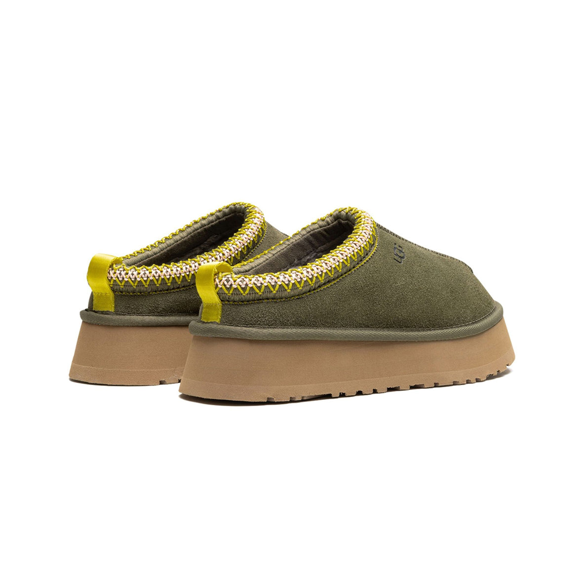UGG Tazz Olive Green ciabatte platform uomo e donna in pelle scamosciata e montone verde oliva, dettaglio suola