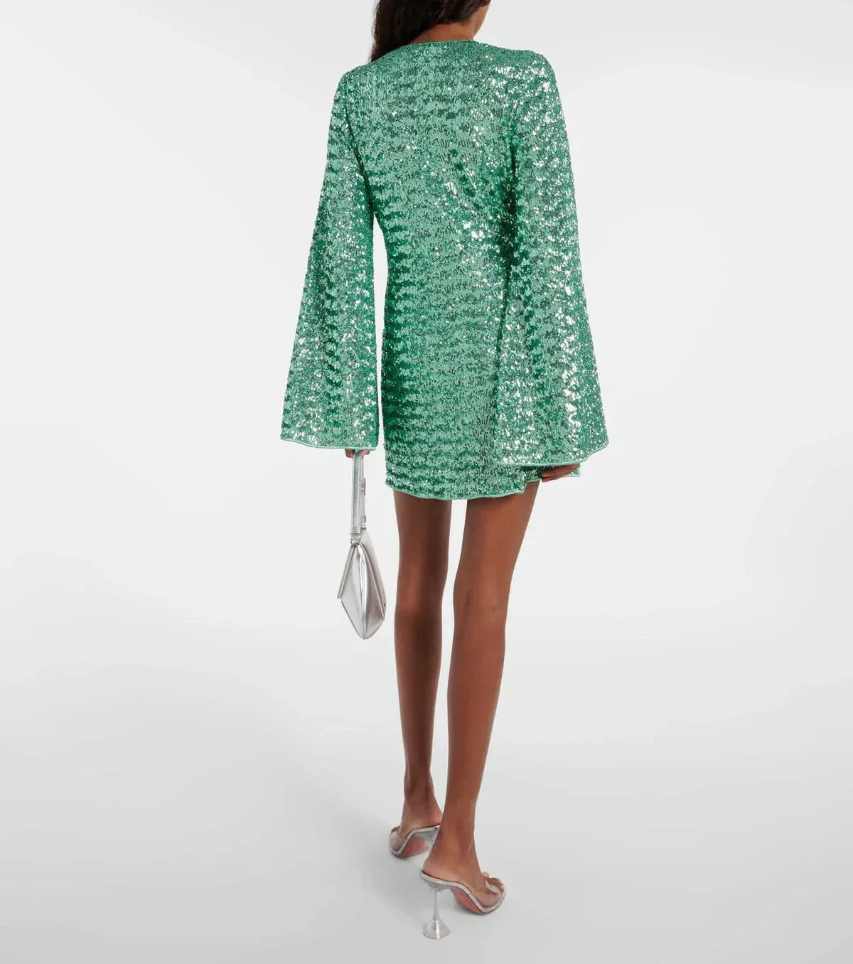 Abito corto donna con paillettes e scollo a V – Design aderente con maniche ampie