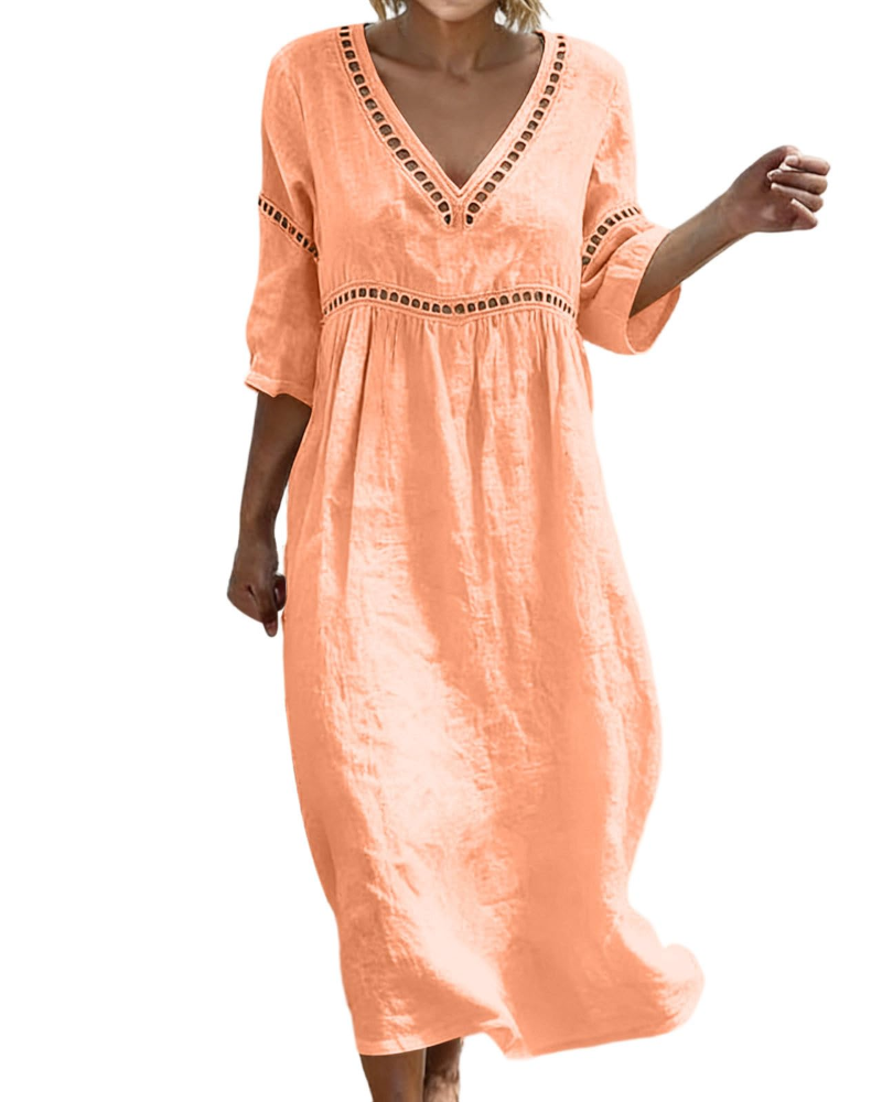Rosalie Abito Lungo Cotone Lino Donna – Scollo a V Maniche 3/4 Stile Bohemien