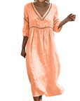 Rosalie Abito Lungo Cotone Lino Donna – Scollo a V Maniche 3/4 Stile Bohemien