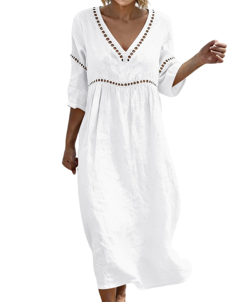 Rosalie Abito Lungo Cotone Lino Donna – Scollo a V Maniche 3/4 Stile Bohemien