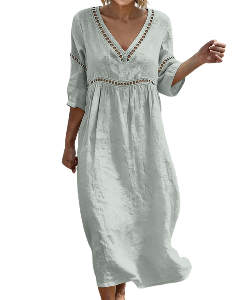 Rosalie Abito Lungo Cotone Lino Donna – Scollo a V Maniche 3/4 Stile Bohemien