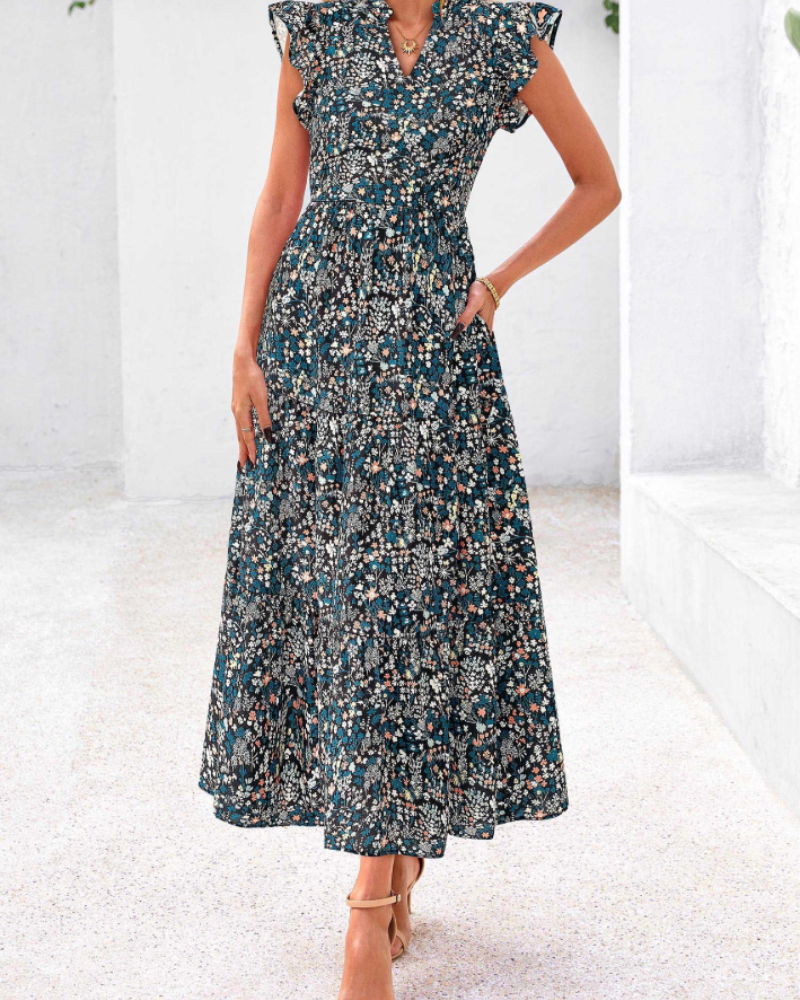 Vestito Midi Donna Olivia a Fiori – Scollo a V Bohemien con Volant e Tasche