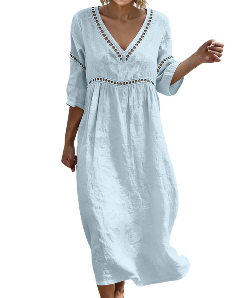 Rosalie Abito Lungo Cotone Lino Donna – Scollo a V Maniche 3/4 Stile Bohemien