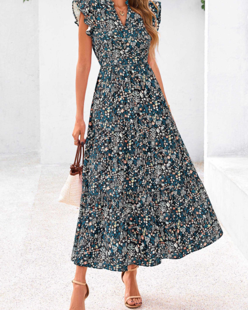 Vestito Midi Donna Olivia a Fiori – Scollo a V Bohemien con Volant e Tasche