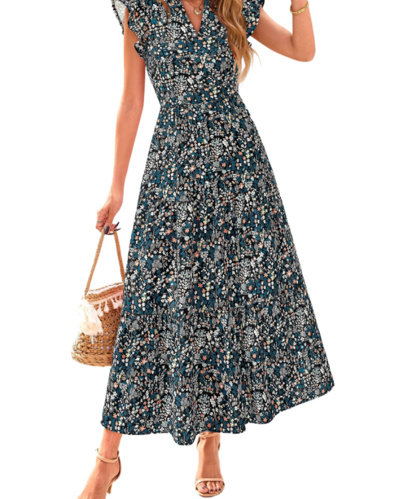 Vestito Midi Donna Olivia a Fiori – Scollo a V Bohemien con Volant e Tasche