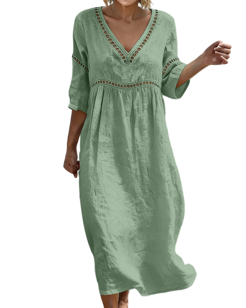 Rosalie Abito Lungo Cotone Lino Donna – Scollo a V Maniche 3/4 Stile Bohemien