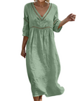Rosalie Abito Lungo Cotone Lino Donna – Scollo a V Maniche 3/4 Stile Bohemien