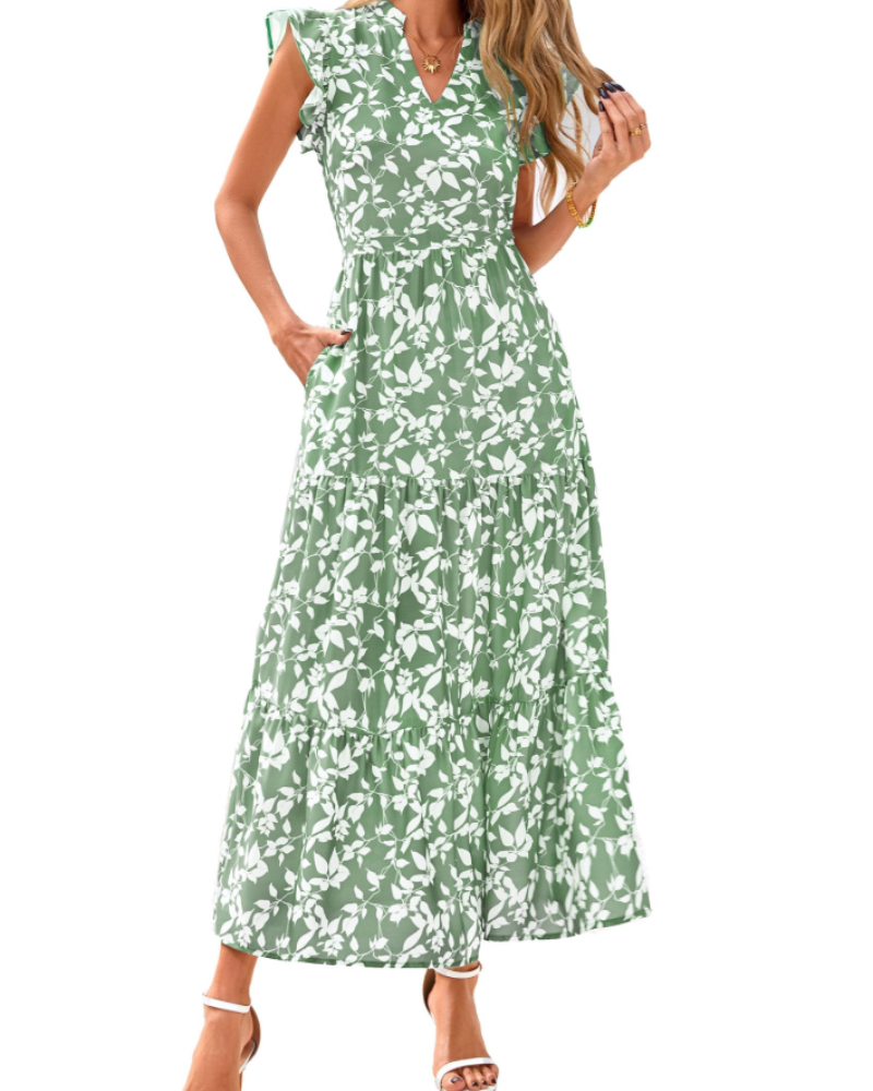 Vestito Midi Donna Olivia a Fiori – Scollo a V Bohemien con Volant e Tasche