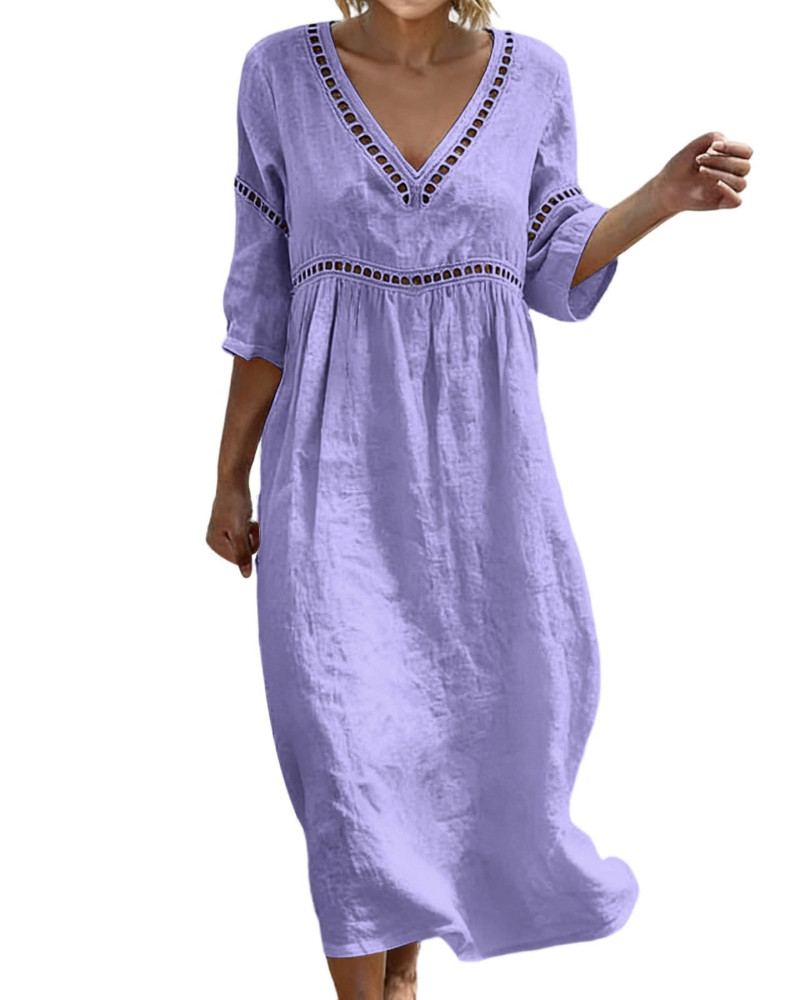 Rosalie Abito Lungo Cotone Lino Donna – Scollo a V Maniche 3/4 Stile Bohemien