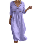 Rosalie Abito Lungo Cotone Lino Donna – Scollo a V Maniche 3/4 Stile Bohemien