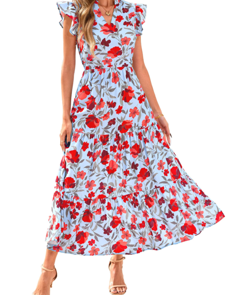 Vestito Midi Donna Olivia a Fiori – Scollo a V Bohemien con Volant e Tasche