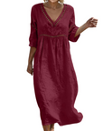 Rosalie Abito Lungo Cotone Lino Donna – Scollo a V Maniche 3/4 Stile Bohemien