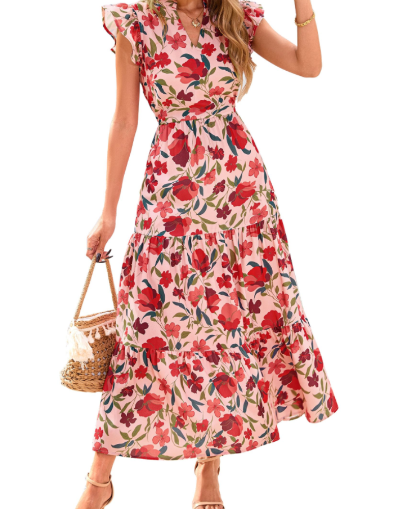 Vestito Midi Donna Olivia a Fiori – Scollo a V Bohemien con Volant e Tasche