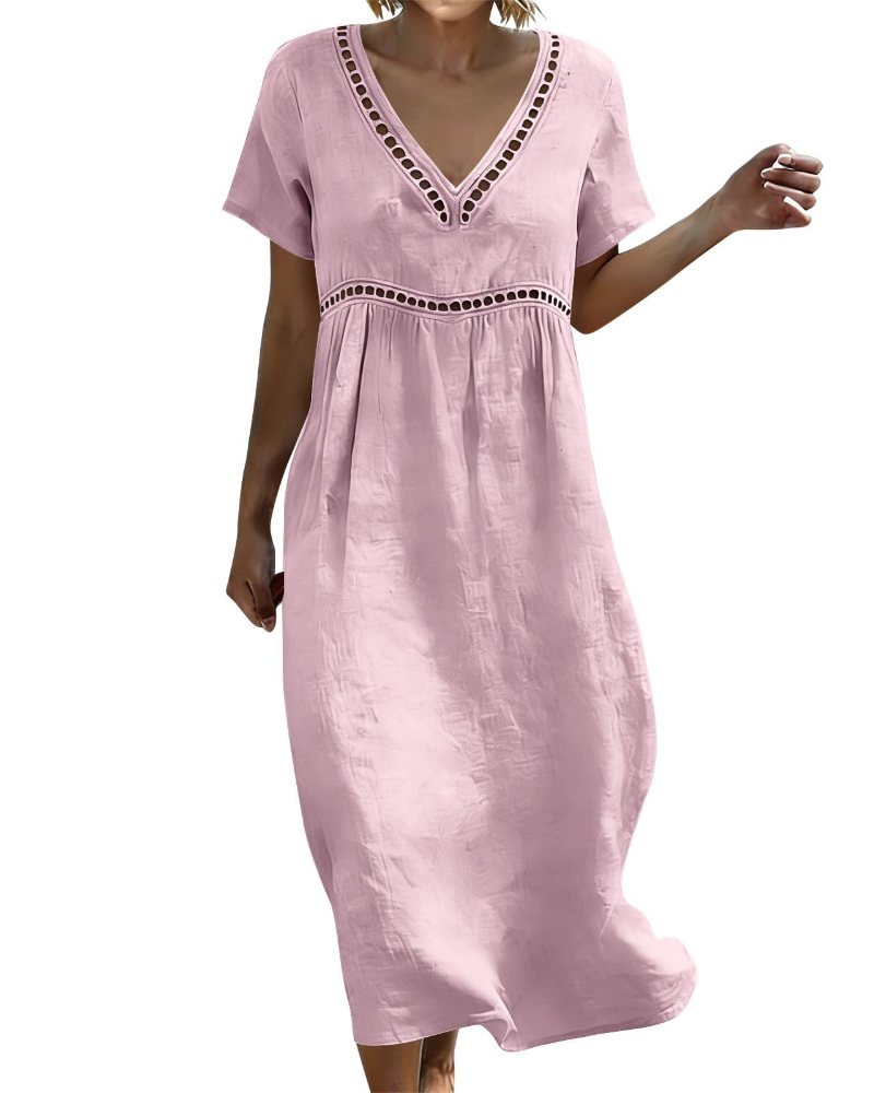 Rosalie Abito Lungo Cotone Lino Donna – Scollo a V Maniche 3/4 Stile Bohemien