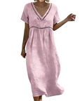 Rosalie Abito Lungo Cotone Lino Donna – Scollo a V Maniche 3/4 Stile Bohemien